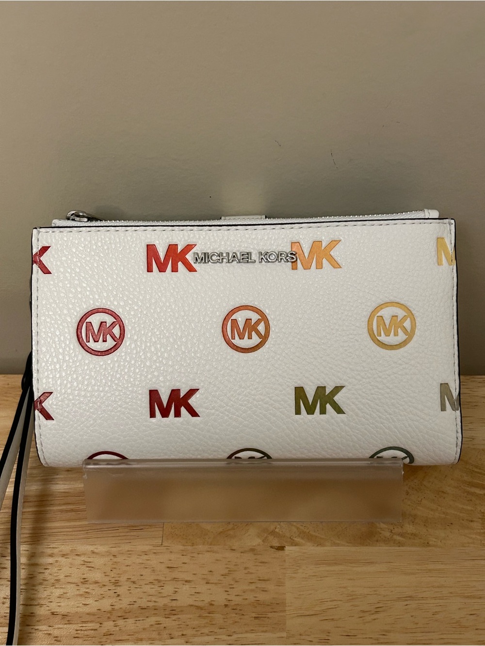 Michael Kors White Wristlet Wallet with Multi-Colored MK Logos